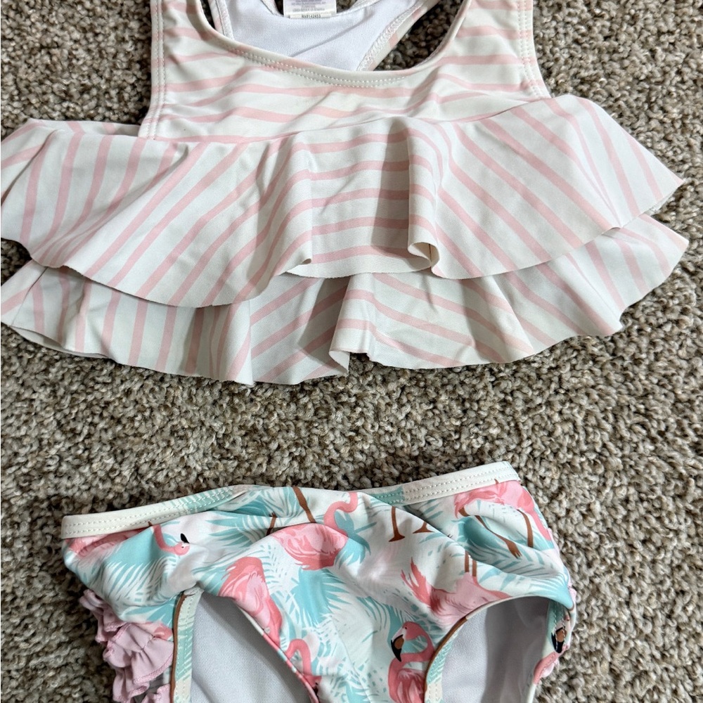 Ruffle Butts Pink Striped and Flamingo Swim Set
